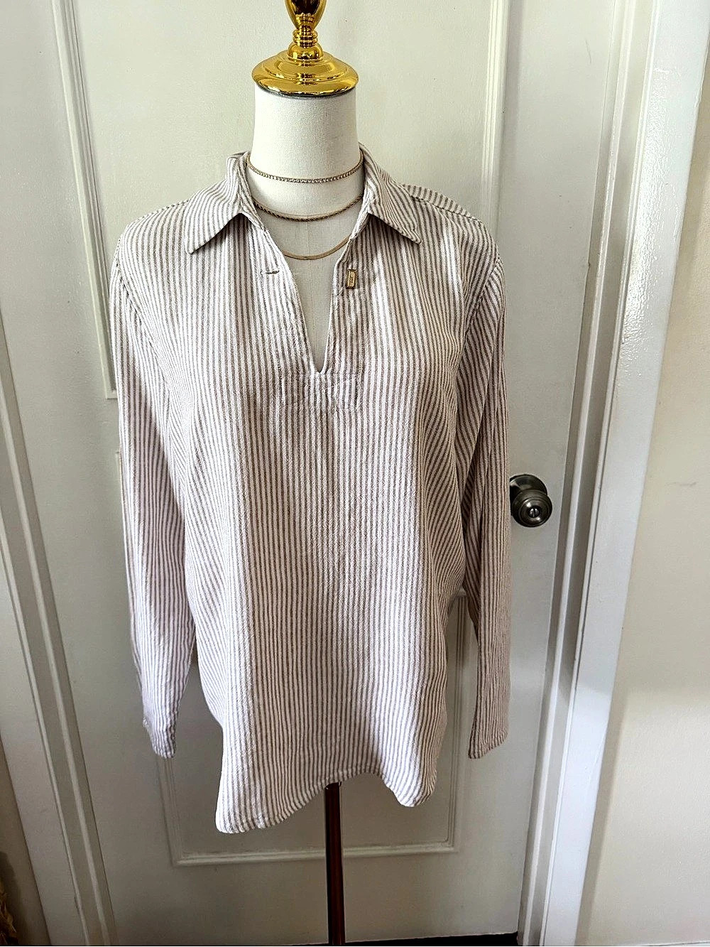 MICHAEL Michael Kors Linen Blend Striped Tunic Top Tan Cream L - Picture 4 of 11